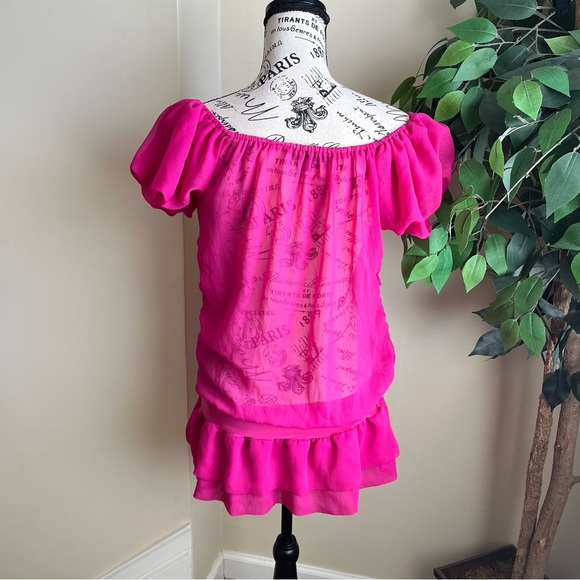 Mandee Sheer Off-Shoulder Ruffle Hem Top Pink Sz L - Picture 9 of 16